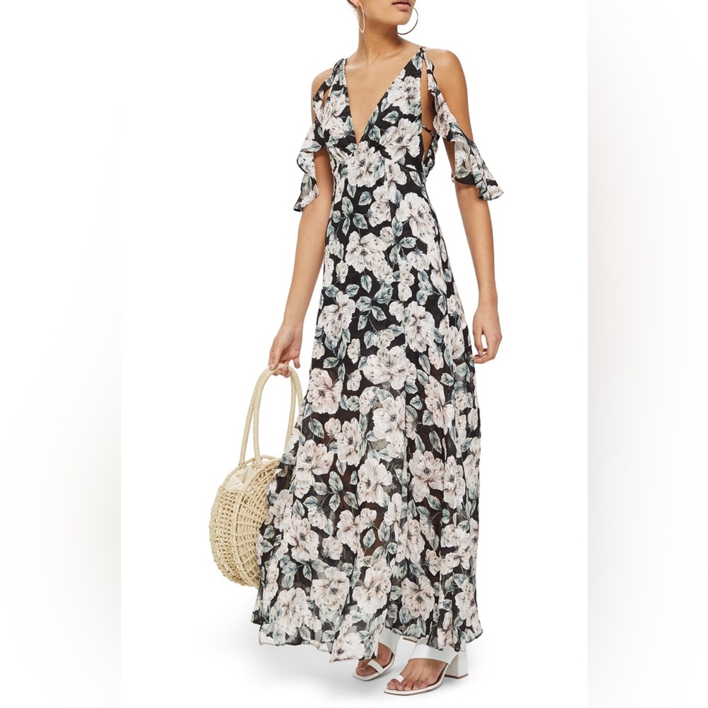 Top Shop| Floral Cold-Shoulder Maxi Dress in Black and Cream| 6